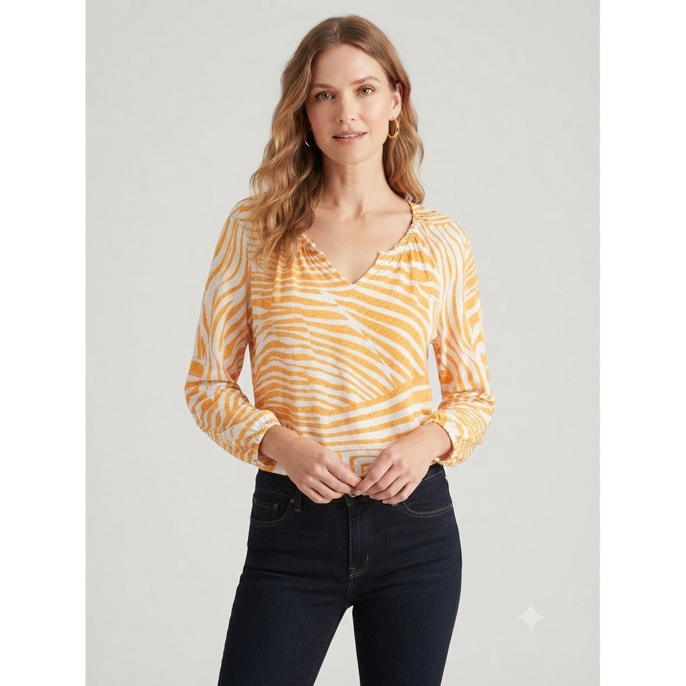 Chico's Blouse Women 2/LG Orange Zebra Print V-Neck Long Sleeve Stretch Knit Top